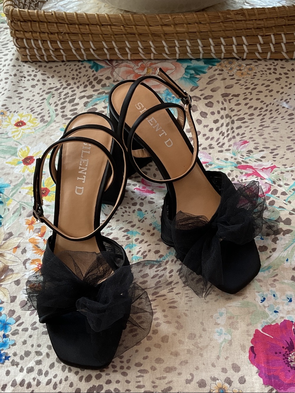 Anthro/Silent D Black Tulle Bow Ankle Strap Heels